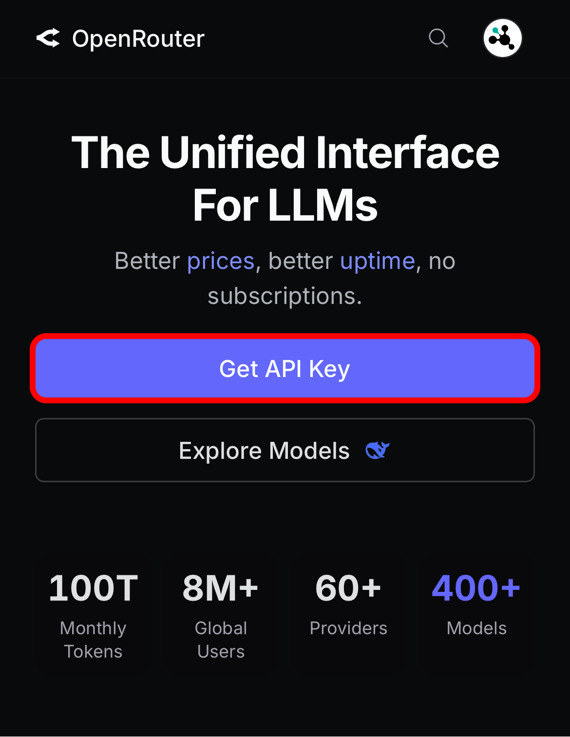 OpenRouter home page with Get API Key highlighted
