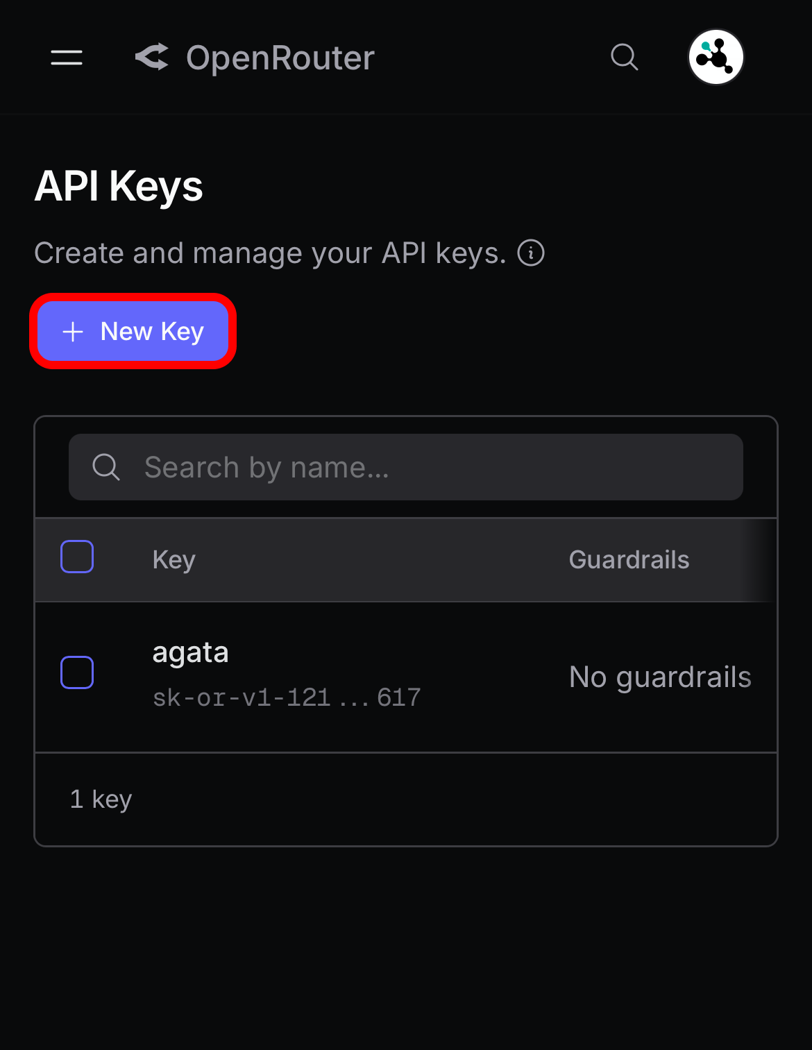 OpenRouter API Keys page with New Key highlighted