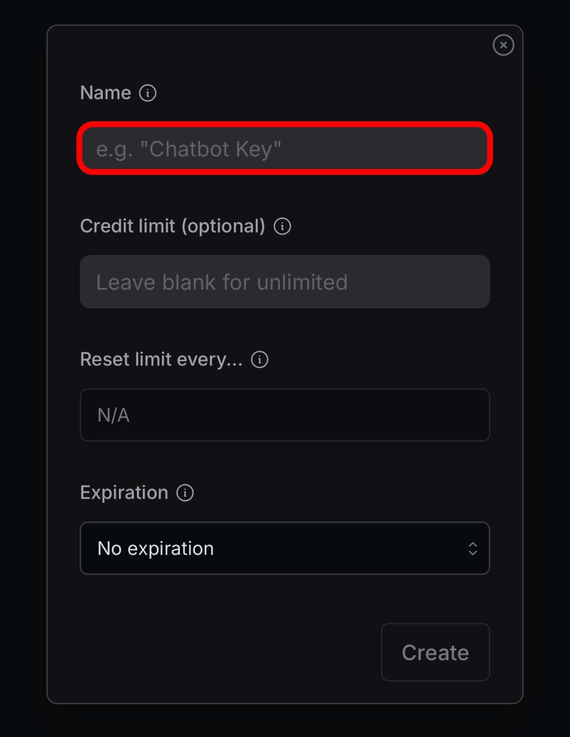 OpenRouter key form with name field highlighted