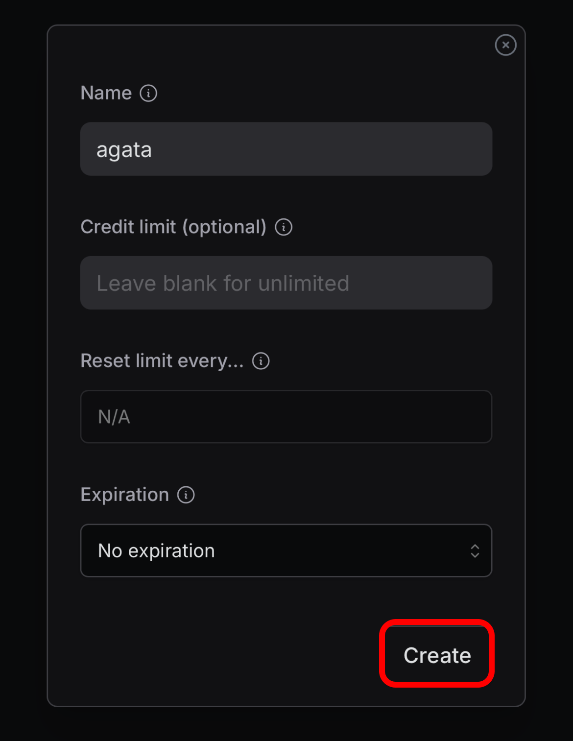 OpenRouter create key form with Create button highlighted