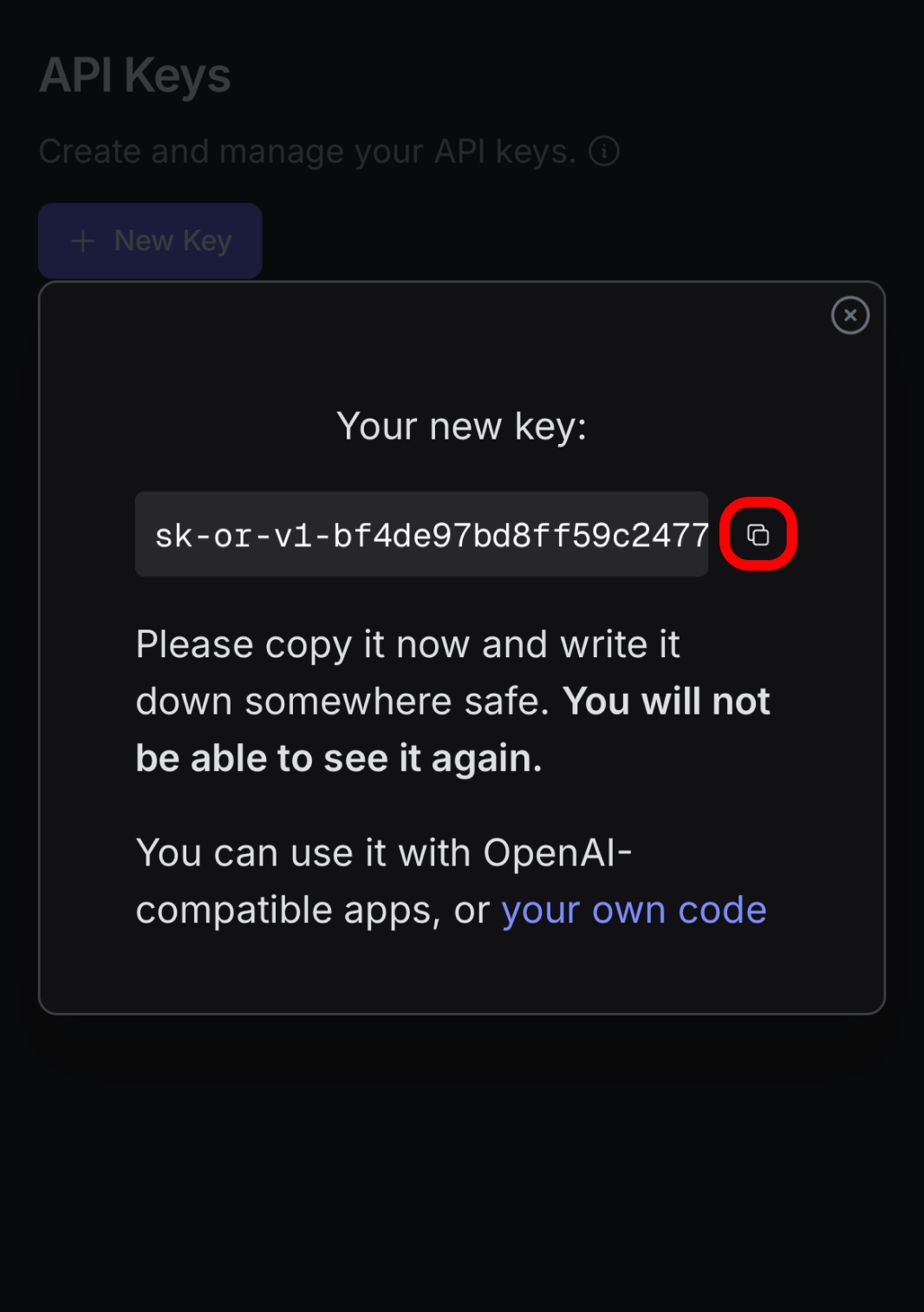 OpenRouter new key dialog with copy button highlighted