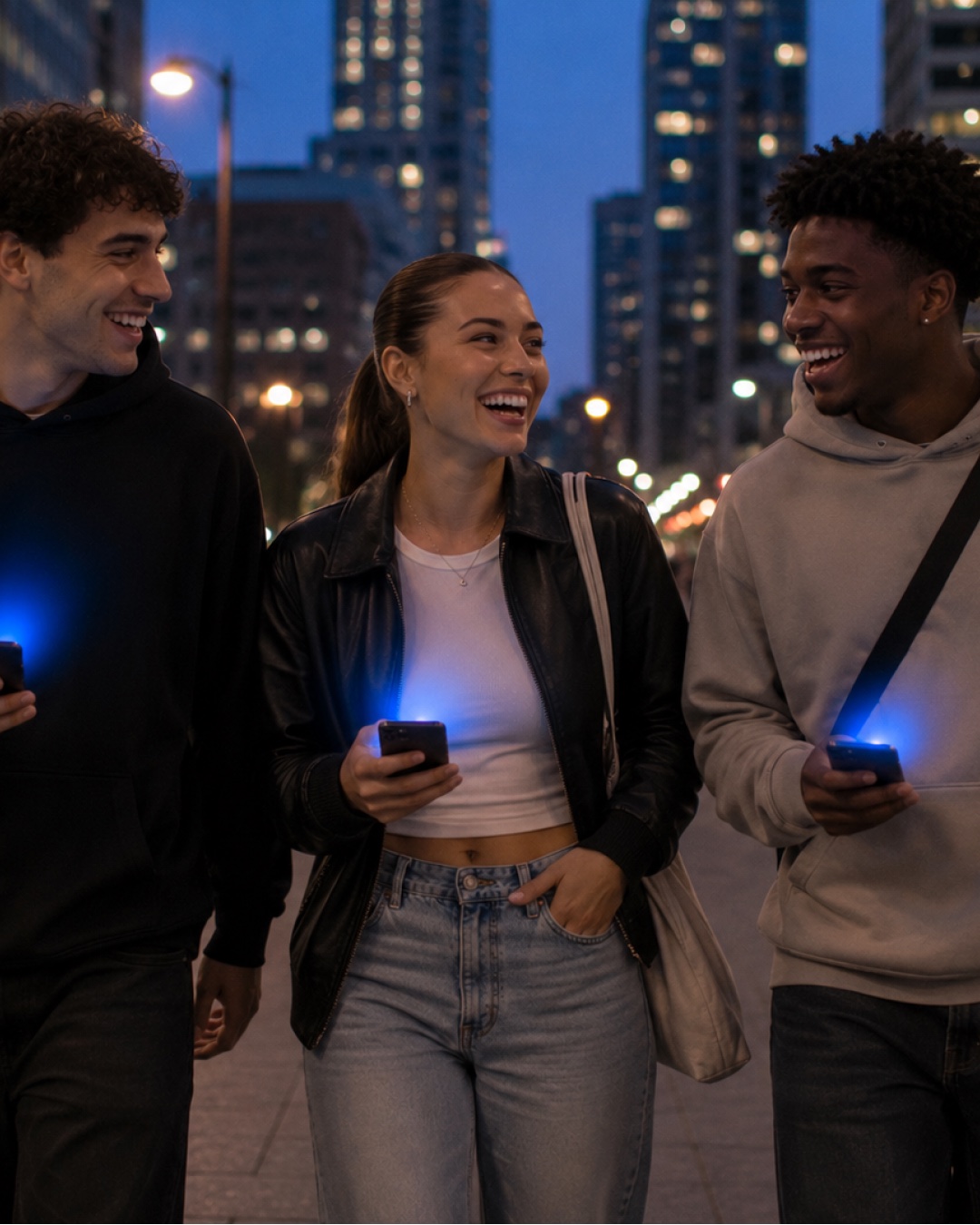 Friends walking through the city with their private journals on their phones